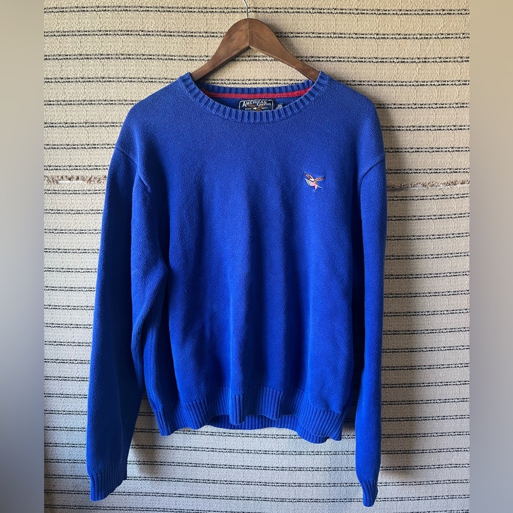 American Living Patriotic Americana Men's Blue Sweater with Eagle + Flag Logo